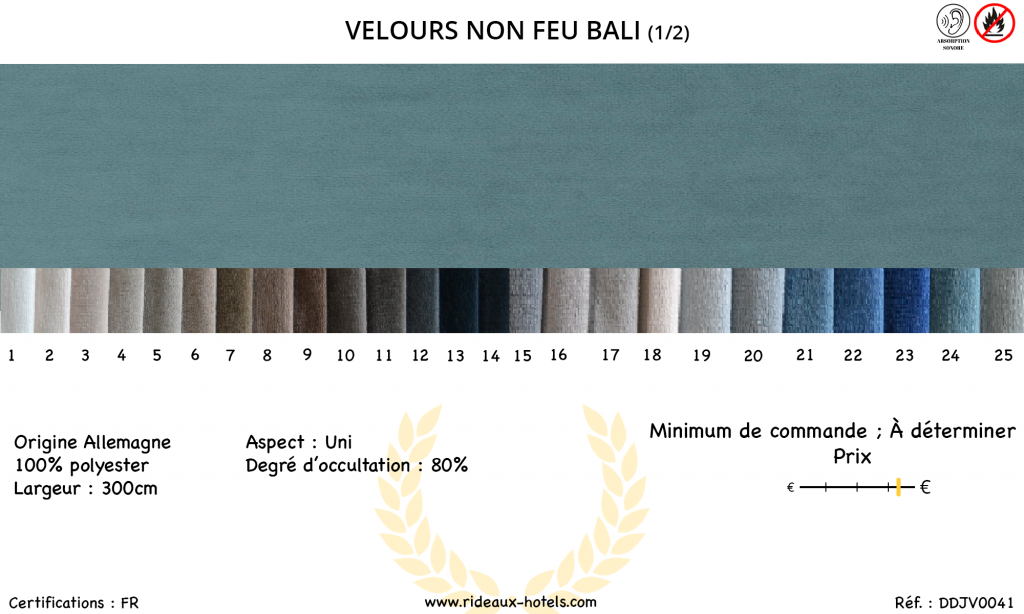Fiche Produit Rideaux Velours non feu Bali 1ere gamme de couleurs