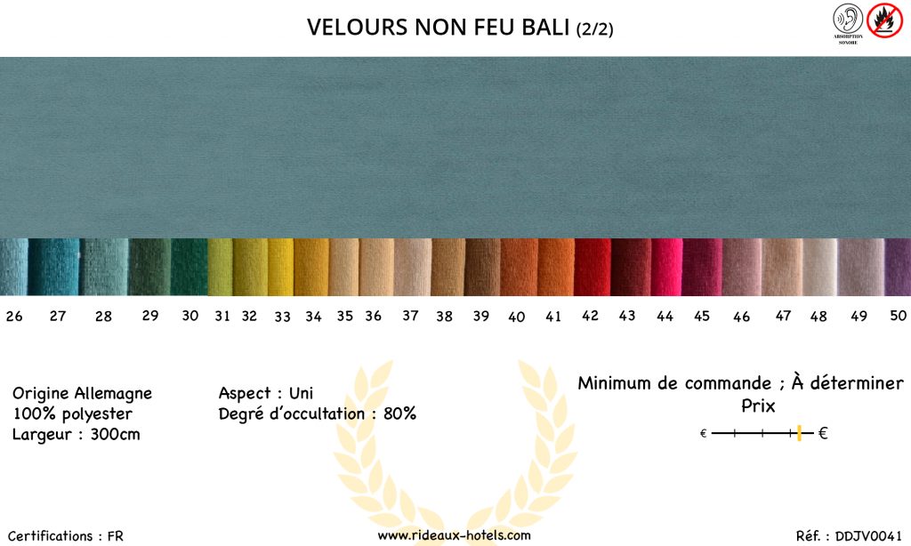 Fiche Produit Rideaux Velours non feu Bali 2eme gamme de couleurs